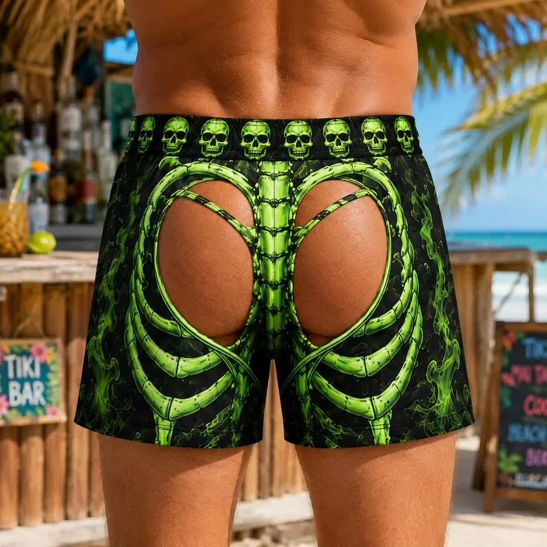 Personalized Skeleton Rib Swimsuit Playful Printed Beach Shorts Halloween Skeleton Men's Surfing Shorts Fun Thriller Swimsuit