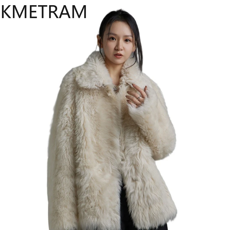 KMETRAM 100% Natural Tuscany Wool Sheepskin Fur Jacket Woman Square-Cut Collar Mid-Length Coat Women Winter Clothes 2025 шуба