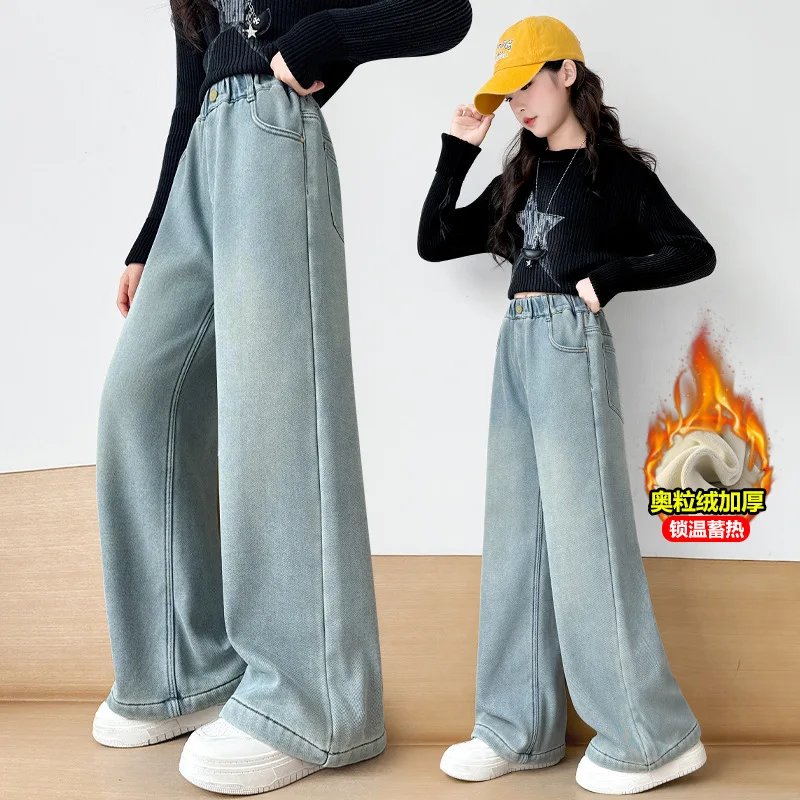 

Kids Winter Thermal Jeans with Bag Embroidery Pocket for Girls Warm Corduroy Insulate Denim Pants Children's Fleece Trousers