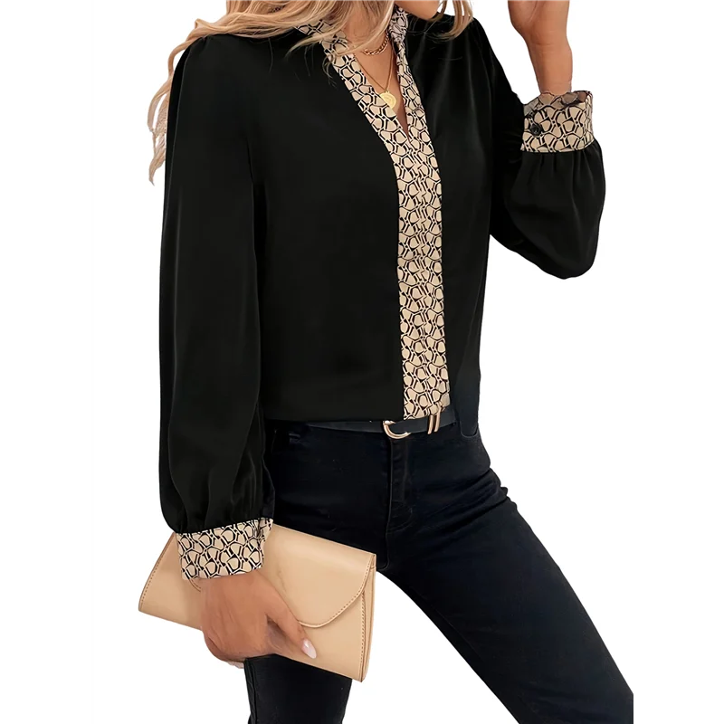 ABP-Damesblouse met lange mouwen V-hals Tops Werk Business Casual shirts