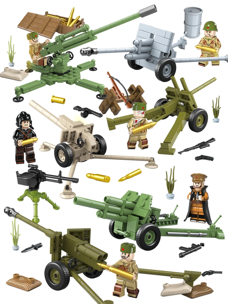 

100078 719pcs Military Artillery Ww2 Soviet Union Army D-44 Antitank Gun Cannon 6 Dolls Army Weapon Boy Building Block Toy