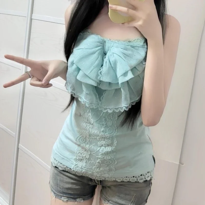 Zoete Y2k Esthetische Kant Patchwork Bodycon Tank Top Vrouwen Streetwear Borduren Bloem Hemdje Harajuku Fee Grunge Boog Vest