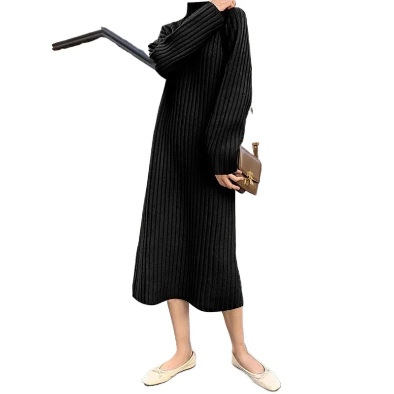 Robe longue en Fiber de Polyester, ample, coupe droite, longueur aux genoux, nouveau Style, épaisse, col mi-haut, manches longues, automne hiver