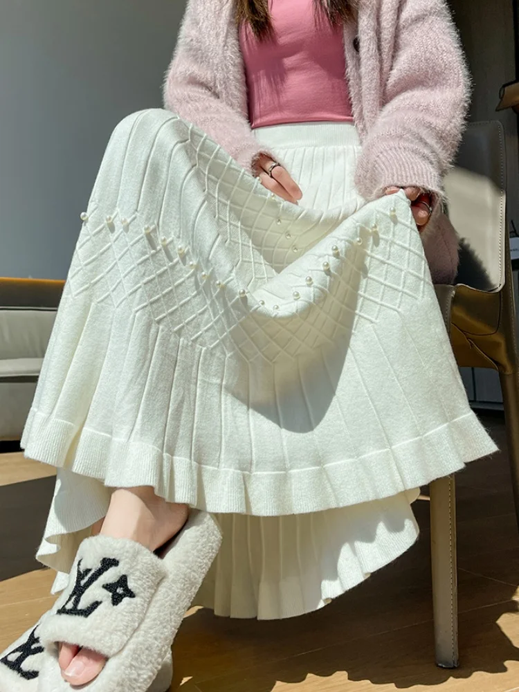 SMTHMA ソフトスティッキーデザインビーズニットスカート レディース ハイウエストスリムスカート レディース Aラインカジュアルロングスカート