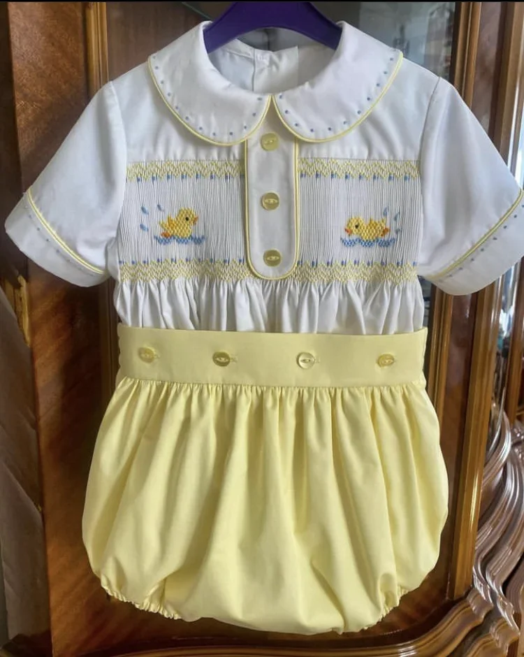 0-6Y Boy Summer Yellow Duck Smocked Outfit Suit