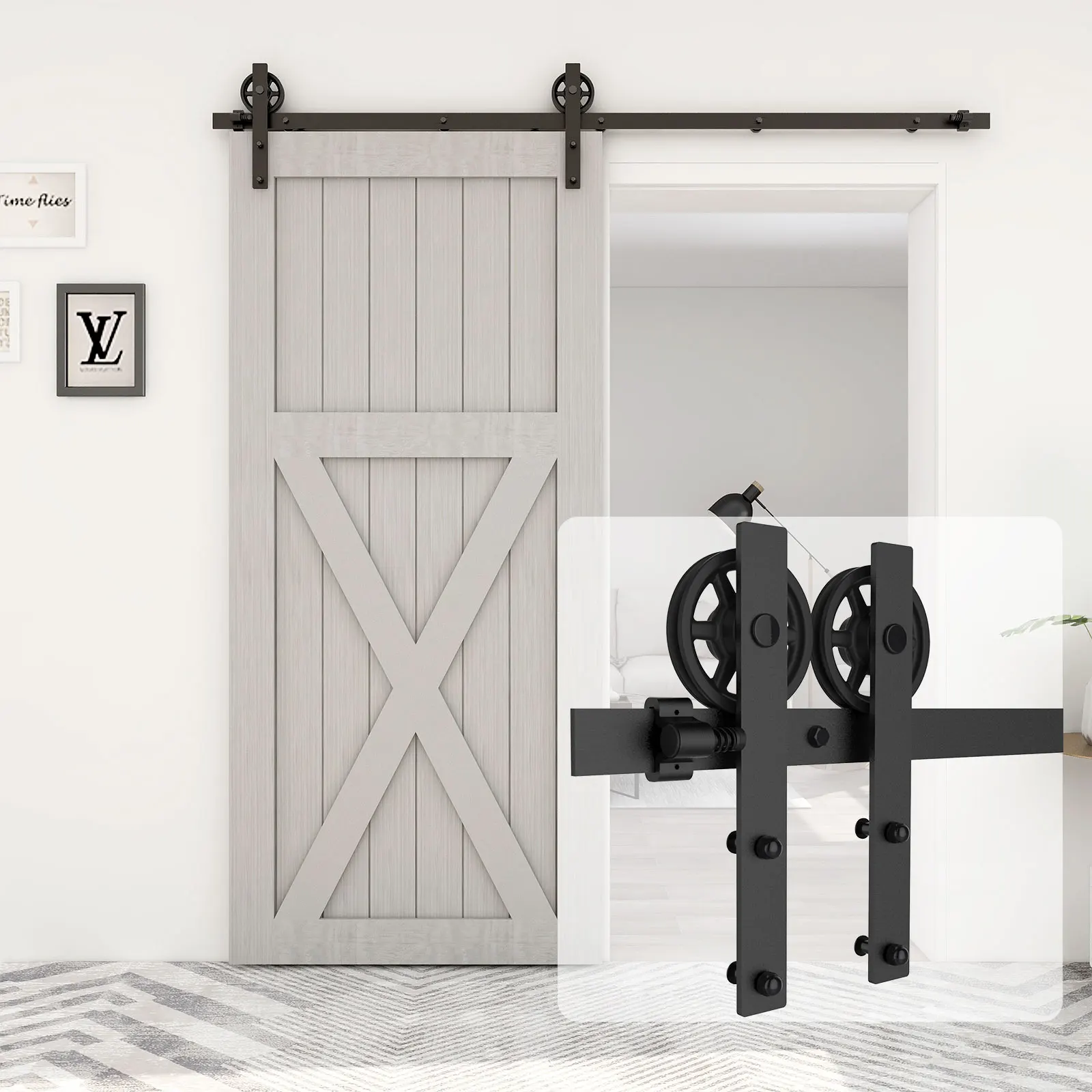 

CCJH Sliding Door Track Barn Door Hardware Kit Closet Rail Roller Accessory Middle Wheel I Type with T Floor Guide