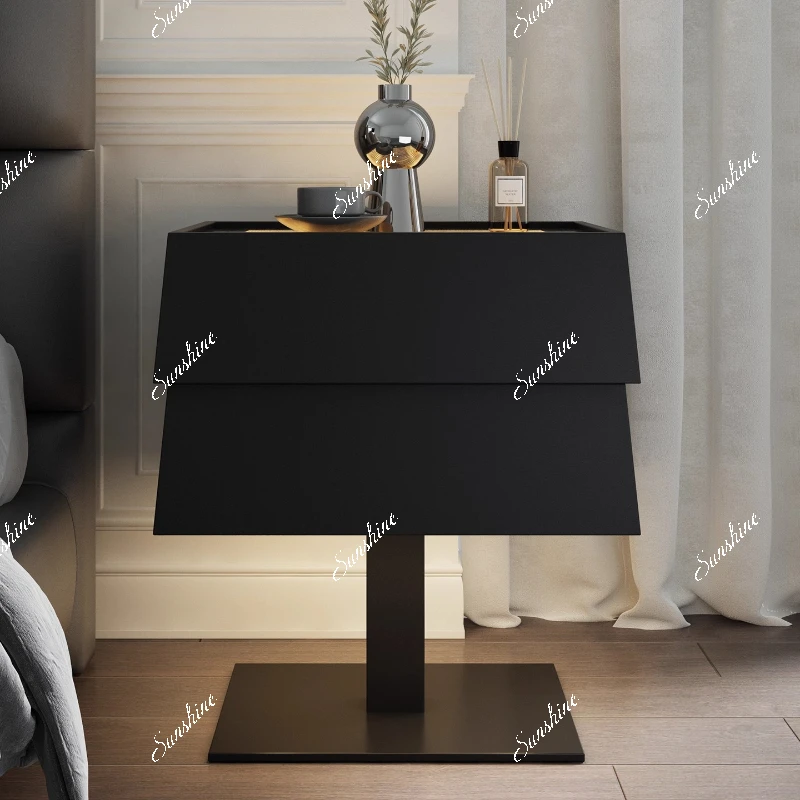 

Italian minimalist master bedroom bedside table Light luxury solid wood glass bedside low cabinet