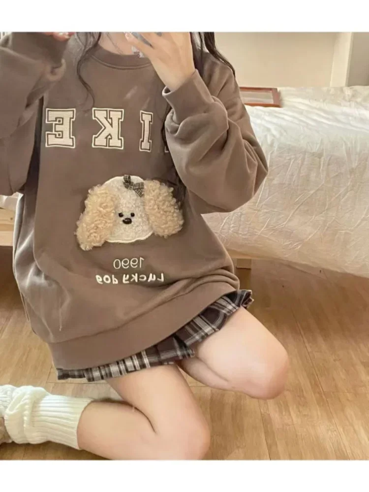 Japanese Kawaii Hoodies Women Dog Letter Embroidery Sweet O-neck Loose Sweatshirt Harajuku Y2k Aesthetic Cute Pullovers Moletom