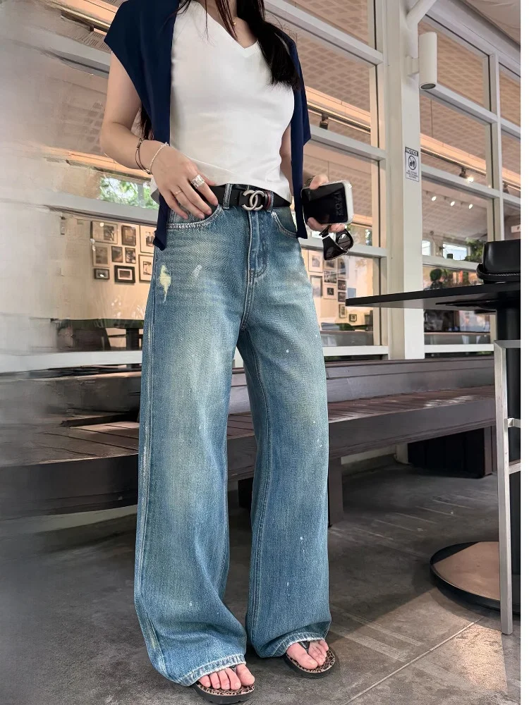 

EKOOL High Waist Wide Leg Jeans Women's Summer Loose Versatile Slimming Straight Long Pants Silver Design Heavy Duty