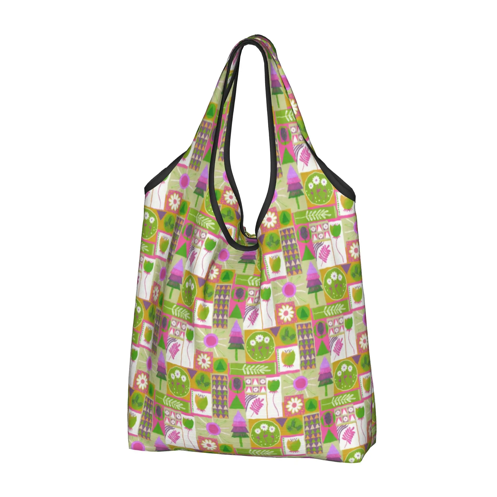 Cute Pink and Green Geometric Garden Shopping Tote Bags Portable  Groceries Shopper Shoulder Bag