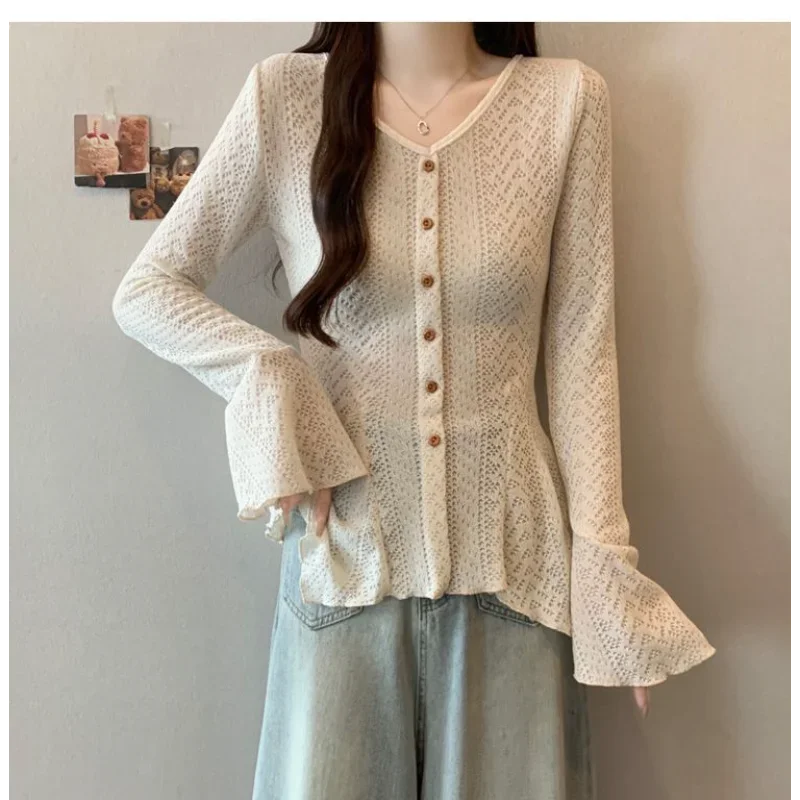 

Lace Blouse With Bell Sleeves Early Autumn V Neck Hollow Out