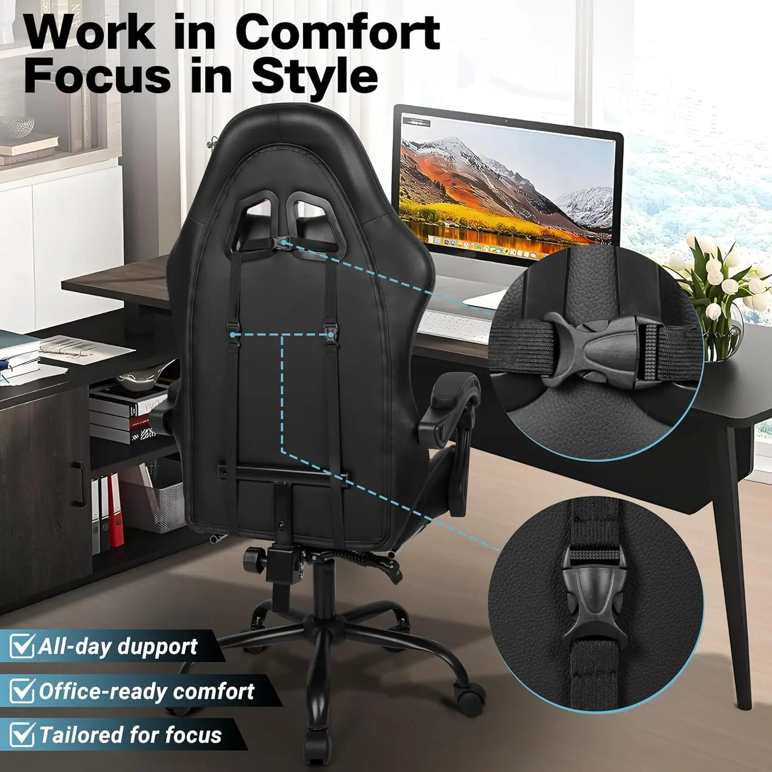 Gaming Chair with Footrest and Lumbar Support, Height Adjustable Chair with 360°Office Desk Chair,Heavy Duty 330lbs Computer Cha view 3