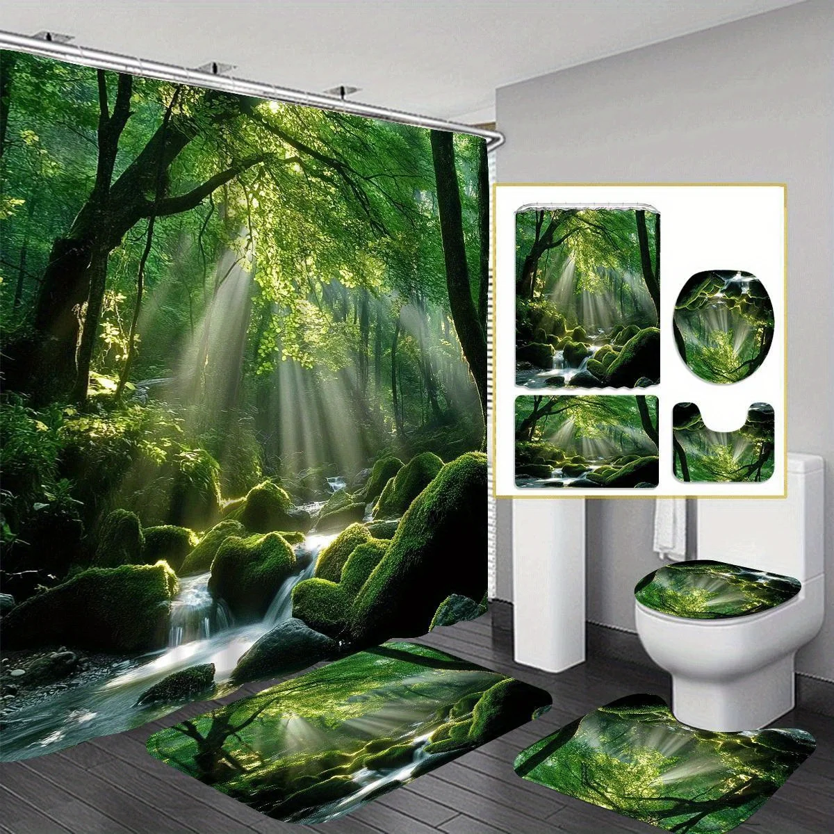 

Набор из 4 предметов: украшение для ванной комнаты с волшебным лесным узором, занавеска для душа, нескользящий коврик, коврик для сиденья унитаза, U-образный коврик