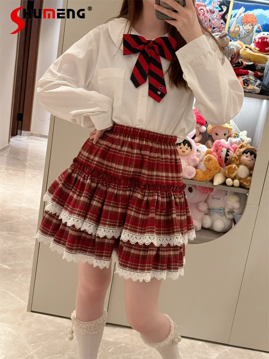 

Japanese Preppy Style Cute Sweet Girl Versatile JK Pleated Skirt Elastic High Waist Lace Splicing Red Plaid Skirts Women Autumn