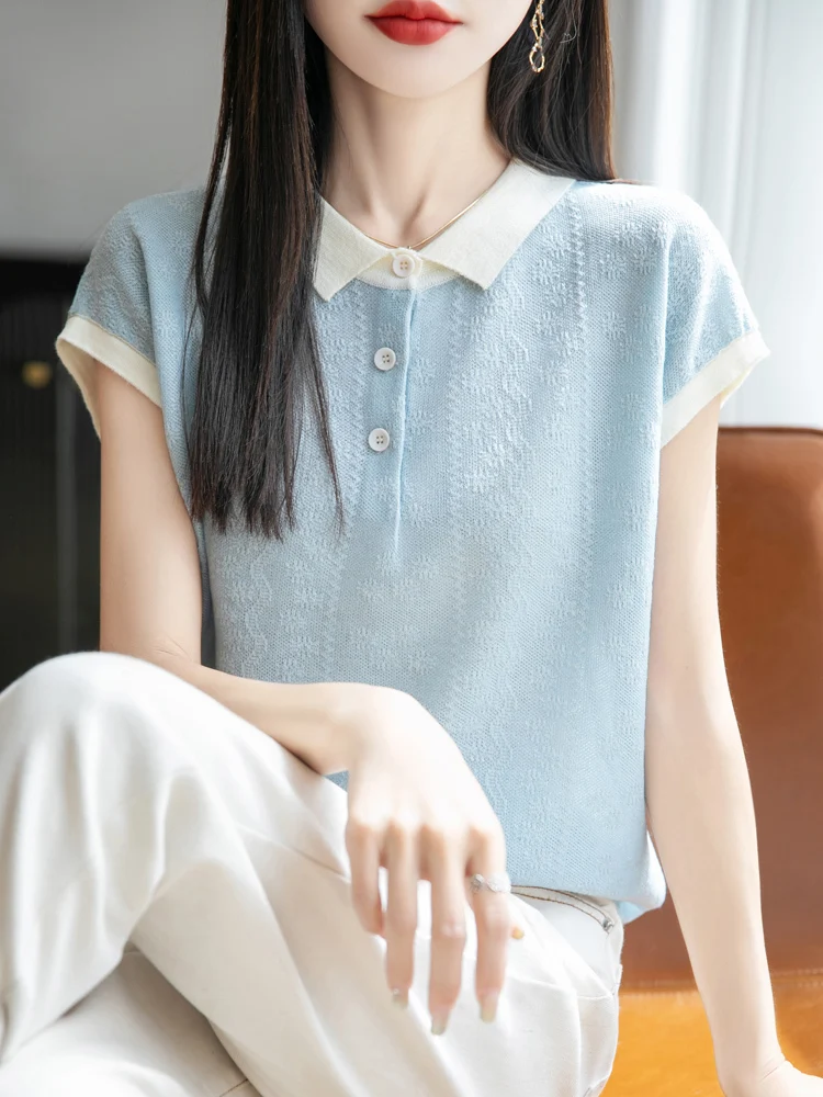 

2025 Women's T-shirts Spring/Summer New Wool Knit Short Sleeve Casual Stitching Blouse Ladies Clothes Loose Tops POLO Neck Tees