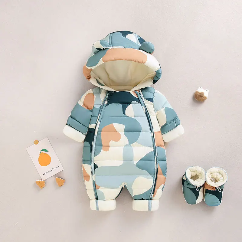 Autumn Winter Baby Boy Snowsuit Full Printed Hooded Plus Velvet Toddler Boy Jumpsuit 0-2 Years Newborn Girl Overalls Romper