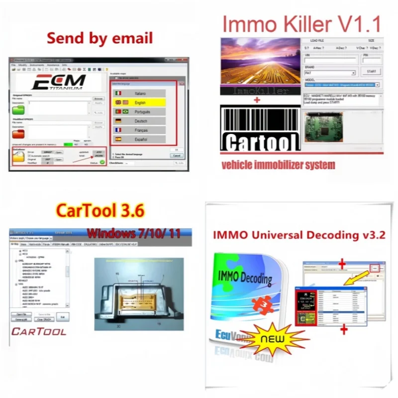 Car Tool V3.6+IMMO KILLER V1.1+IMMO Universal Decoding V3.2+ECM TITANIUM 1.61 for car tool diagnostics software
