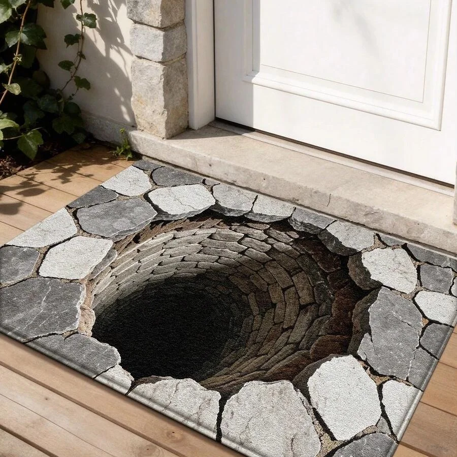 VIKAMA 3D Stone Hole Trap Illusion Cracked Pavement Art Flannel Door Mat Non Slip Entryway Bedroom Living Room Home Decor Unique