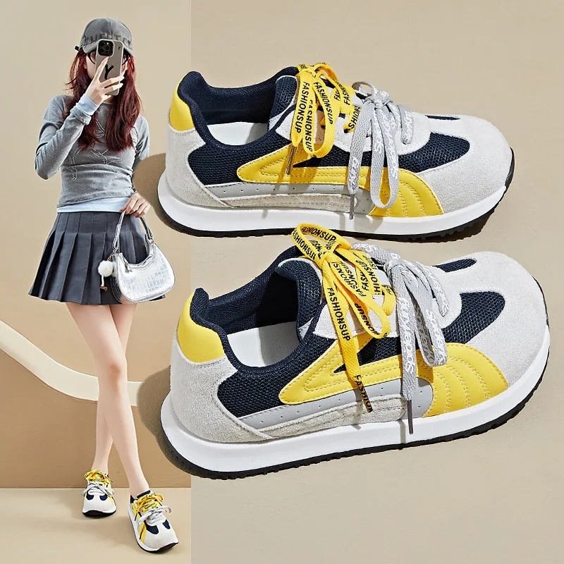 

Женские туфли на платформе, увеличивающие рост, массивные кроссовки в корейском стиле с цветными блоками, туфли для папы в стиле ретро с большой головкой для студентов