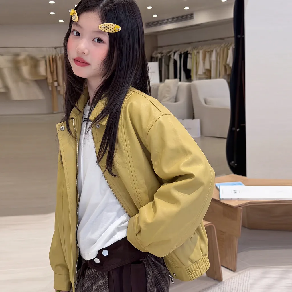 Cool Girls PU Leather Jacket Yellow Autumn Lapel Zip Up Children Motorcycle Coat