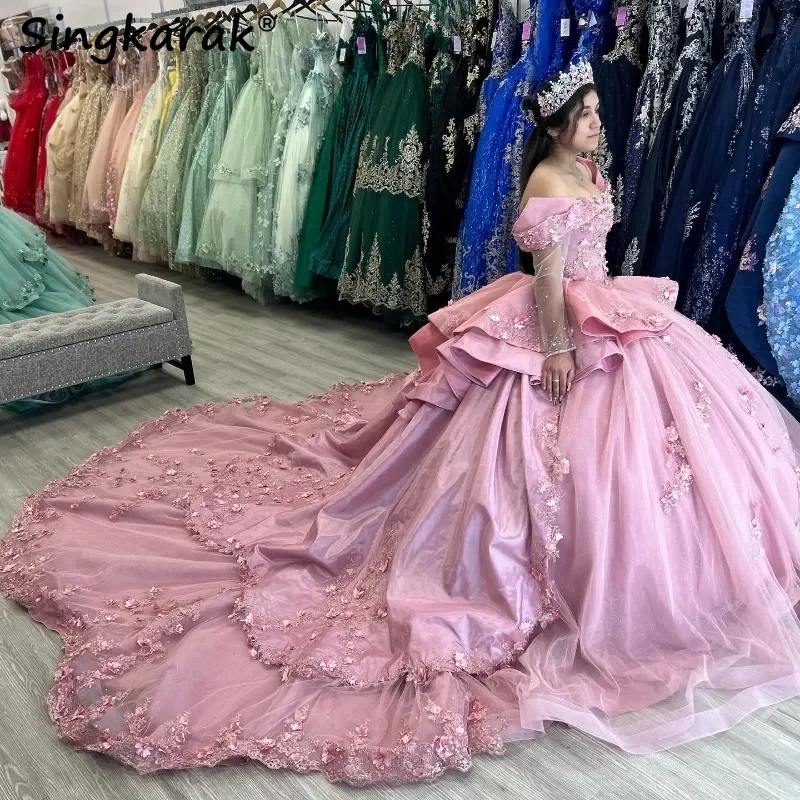 Pink Princess Quinceanera Dresses Court Train Applique Crystal Flowers Beads Vestidos De Quinceañera Sweet 15 Prom Ball Gown