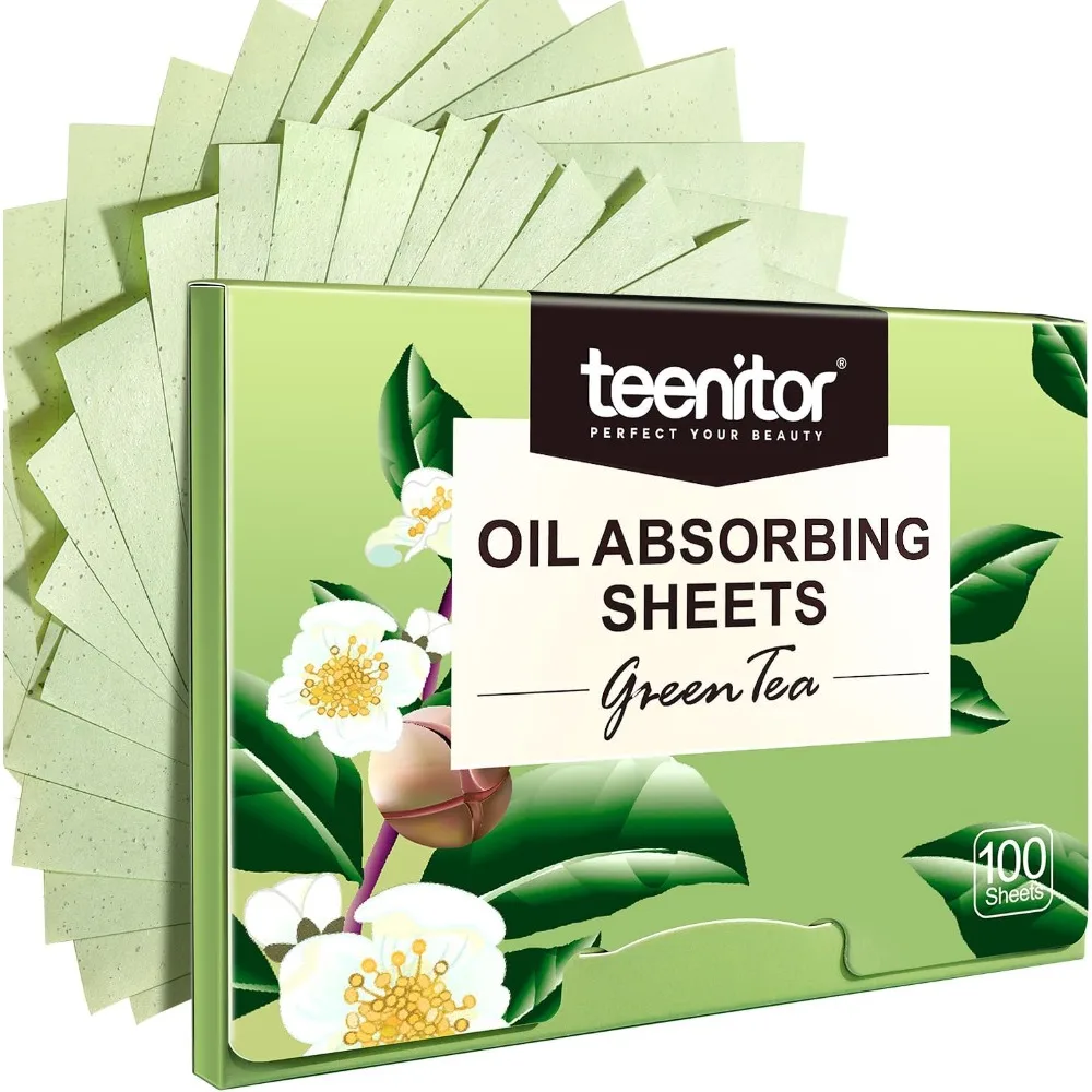 Oil Absorbing Blotting Sheets for Face with Green Tea 100 Count Large 10cm x 7cm Facial Tissues Paper for Oily Skin Control Shine Removal Makeup Touch Up Portable Reusable Natural Oil Blotters for Men and Women On The Go