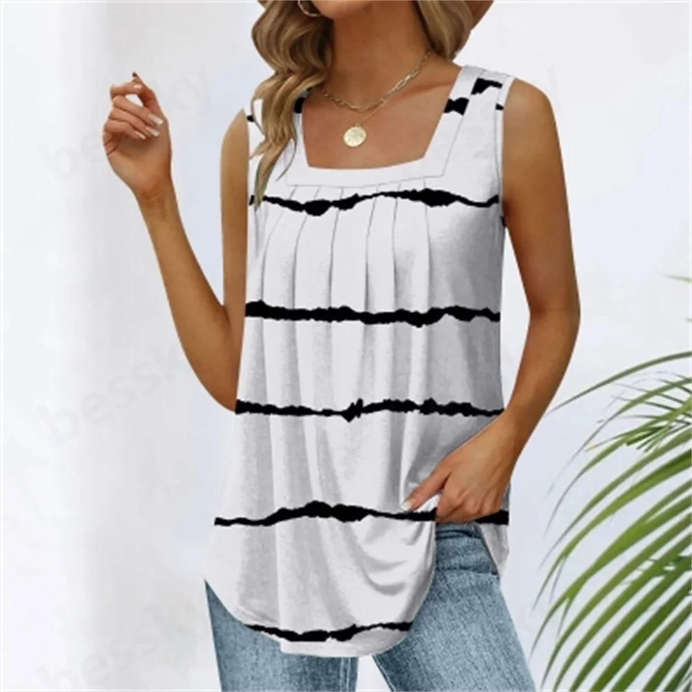 

2025 new European and American printed folding square neck sleeveless tailcoat T-shirt