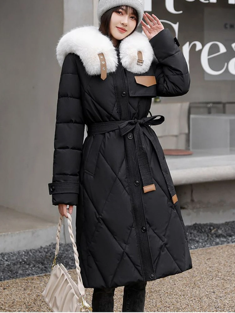 Long Parkas Women Winter Coats Long Sleeve Down Cotton Cotton Jacket Slim Warm Lace-up Jackets Casual