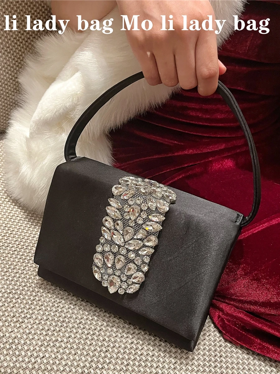 

Shiny Silk Satin Box Bag Diamond Embedded Women's Crossbody Small Square Bag for Banquet Everyday Use Fashionable Trendy