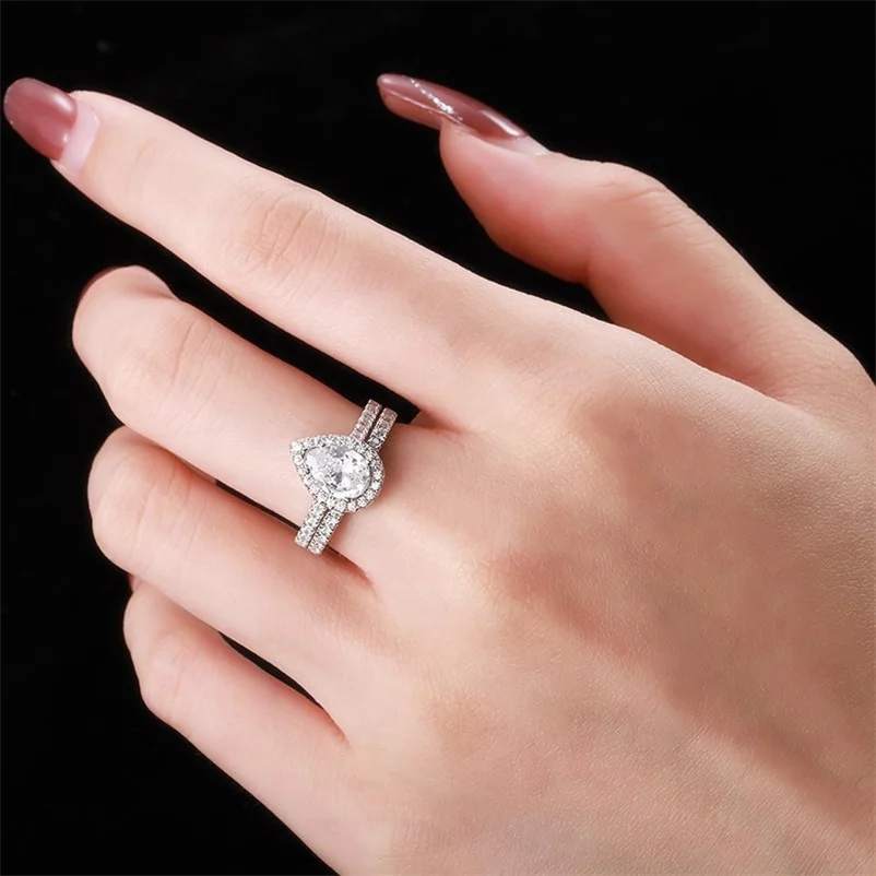 CC Bridal Sets Rings For Women 2pcs Silver Color Water Drop Stone Wedding Jewelry Double Ring Engagement Accessories CC775