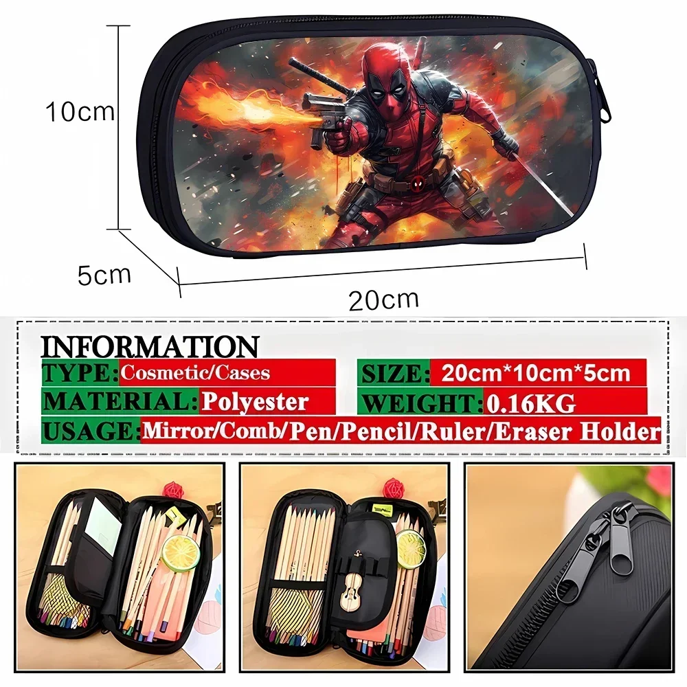 Deadpool Wolverine Pencil Case Portable Disney Marvel Cartoon Print Pen Bag Student Supplies Stationery Storage Pencil Bag Gifts