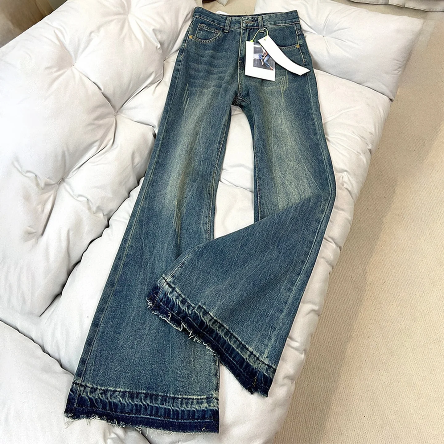 

Retro Blue Frayed Hem Micro Flared Denim Jeans Women Loose Slimming Drapey High Waist Floor Length Hoof Bell Bottoms