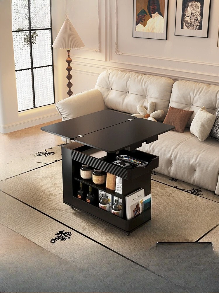 

French solid wood edge table lifting mobile coffee table modern living room black trolley folding sofa side cabinet