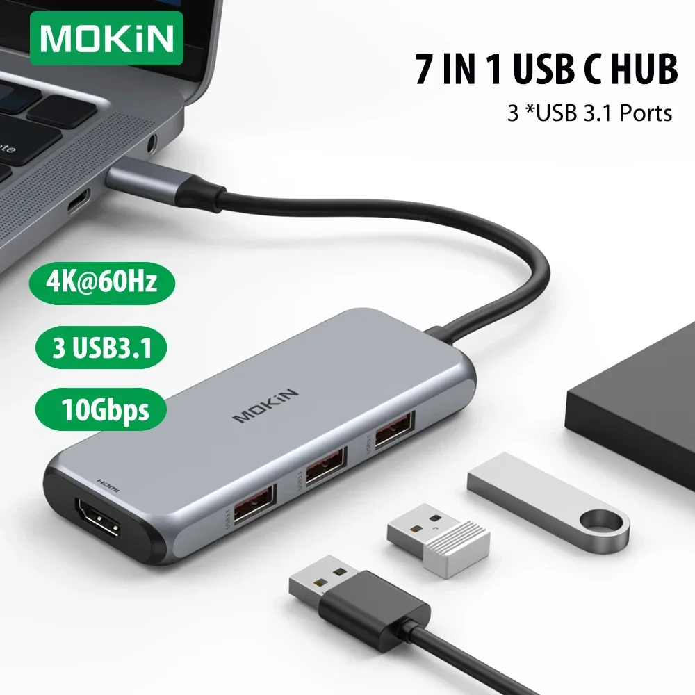 

MOKiN 4K HUB Аксессуары для адаптера HDMI Док-станция 10 Гбит/с 3 USB 3.1, SD/TF-карта, PD 100 Вт, для MacBook Pro Air M1 M2 USB-концентратор