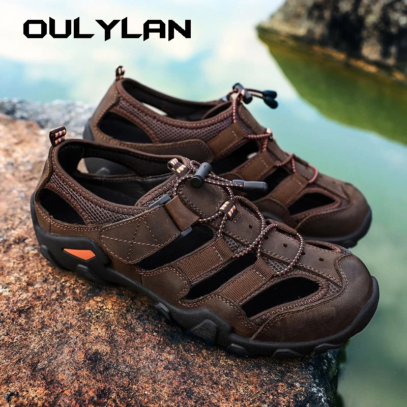 Men Sandals 2024 Classic Summer Beach Shoes Imitation Leather Sandals Shoes Soft Anti Slip Dual Wear Slides Men Leather Sandals