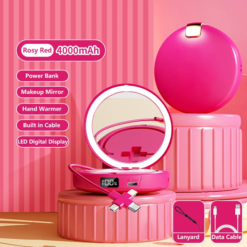 

Hand Warmer Power Bank with Makeup Mirror Portable Charger Powerbank Built in Cable for iPhone 17 16 Xiaomi Huawei Spare Battery