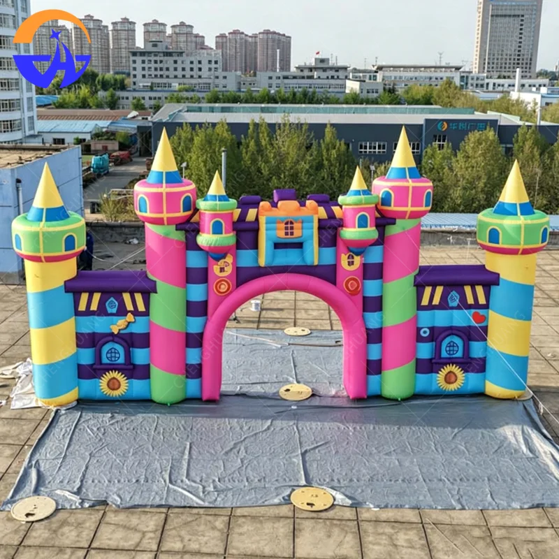 

Colorful Inflatable Castle Archway Entrance Gate Giant Candy Theme Jumping House Front Decor for Kids Party and Playground