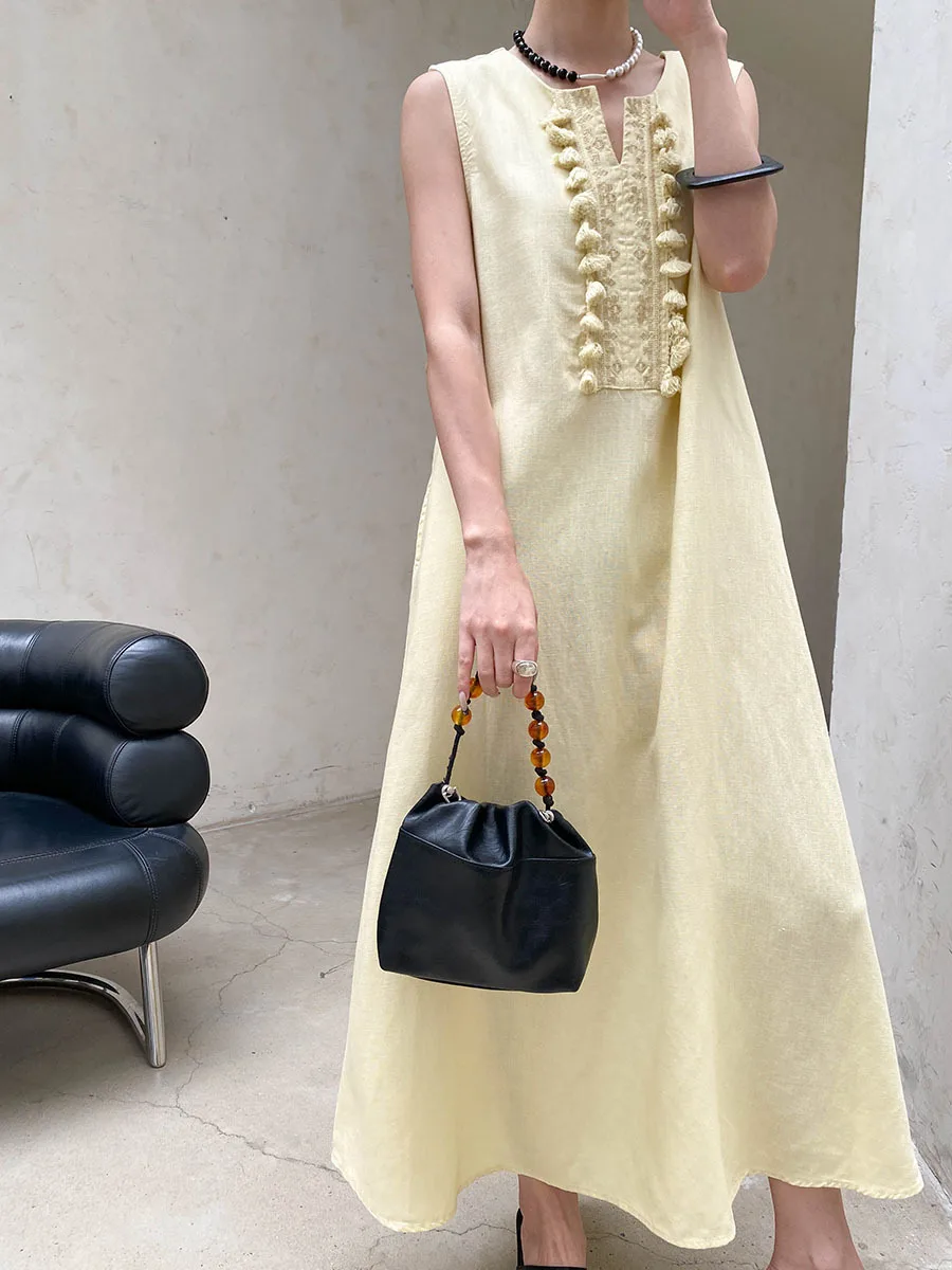 Sommerliches, lässiges, einfarbiges, ärmelloses Westenkleid für Damen mit V-Ausschnitt, Stickerei und Quasten – Detail 4