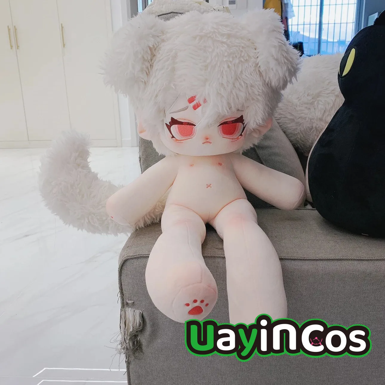 

60cm Anime White Hair Pink Eyes tao Monster Tail Prince Cool Guy Stuffed Long legs Plushies Plush Cotton Doll Body Toy For Kids