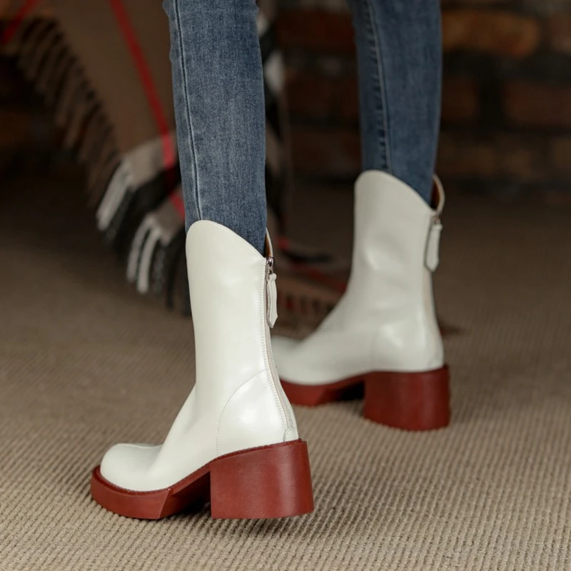 New Winter Split Leather Women shoes Platform boots 2024 Fashion Women Boots Round Toe Chunky Boots Women Solid Women Shoes