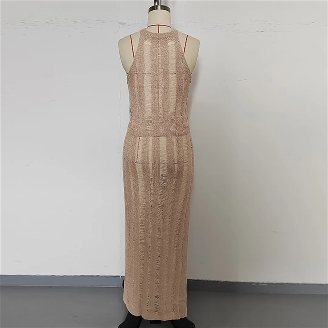 Neues, ärmelloses, gehäkeltes, gestricktes zweiteiliges Set, Tunika, Strandkleid, Strandbekleidung, Damenmode V6717 – Detail 21