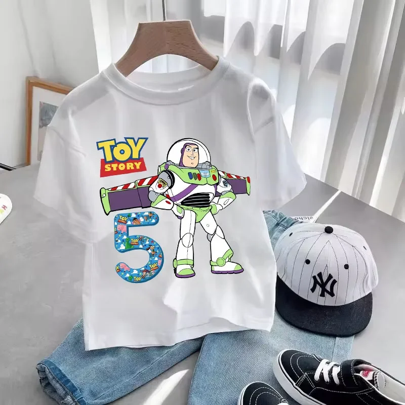Toy Story Number 2-9 T-shirt Kawaii Birthday Tee Shirts Anime Figure Woody Buzz Lightyear Clothes Kid Girl Boy Short Sleeve Tops