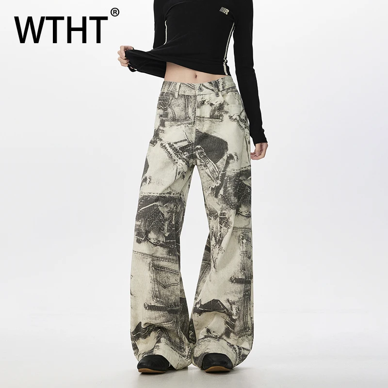 

WTHT Fashion Men's Print Do Old Design American Style Denim Pants Vintage 2025 Autumn Casual Straight Loose Jeans Male 2A1517