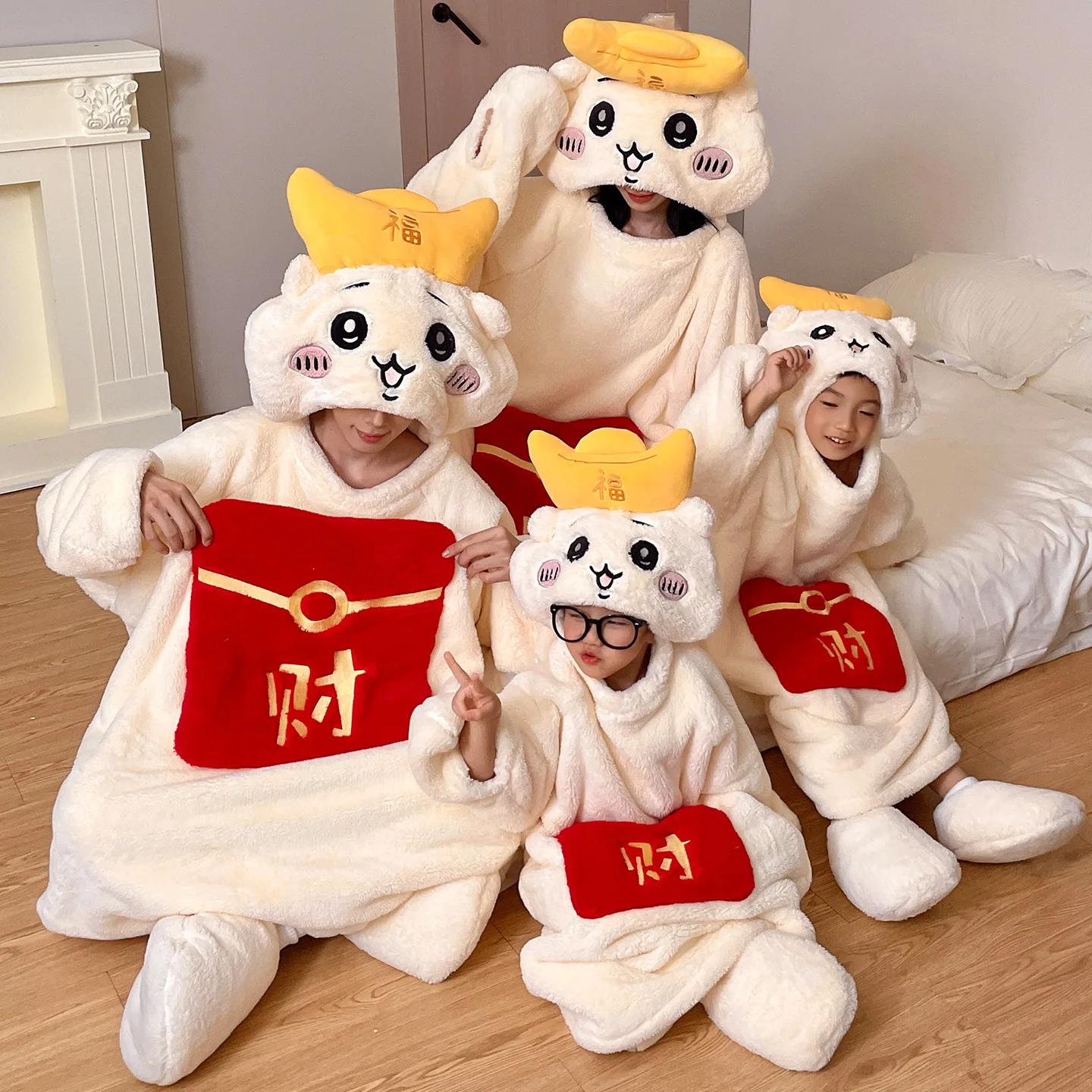 Chiikawa Pajamas Coral Fleece Hooded Kigurumi Jumpsuit Adult Kids Family Loungewear Home Sleepwear Cosplay Parties Costume Gift