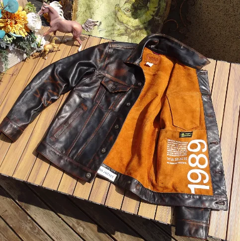 

Authentic Western Cowboy Genuine Leather Jaet Men's Biker Jaet Warm Long Sve Casual Sle Youth Faion Single Button