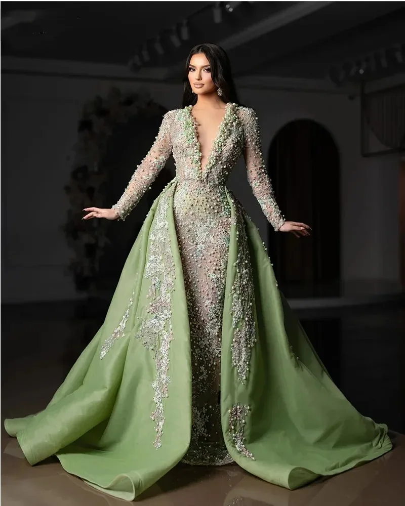 Mintgrünes, verziertes Abendkleid 2025, luxuriöses, perlenbesetztes Meerjungfrauenkleid, abnehmbarer Schwanz, Arabia, formelles Party-Abschlussballkleid, individuell gestaltet
