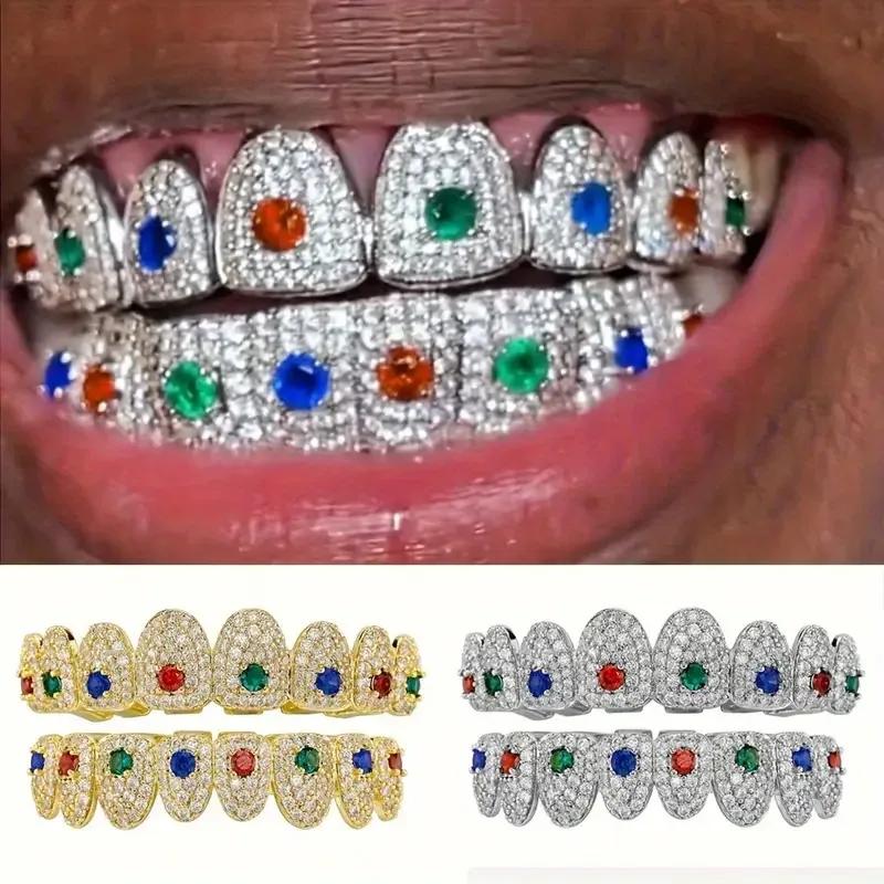 TOPGRILLZ Iced Out Full Cubic Zircon Tooth Caps 8 Top&8 Bottom Set Braces Multi-Colors Teeth Grillz For Party Christmas Gift