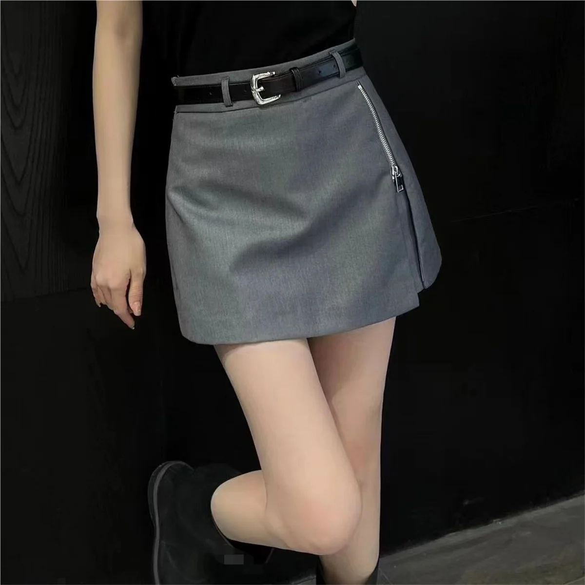 Summer Korean fashion black mini skirts kawaii y2k cute Zipper up skirts for woman high waisted skirts with belt asymmetrical