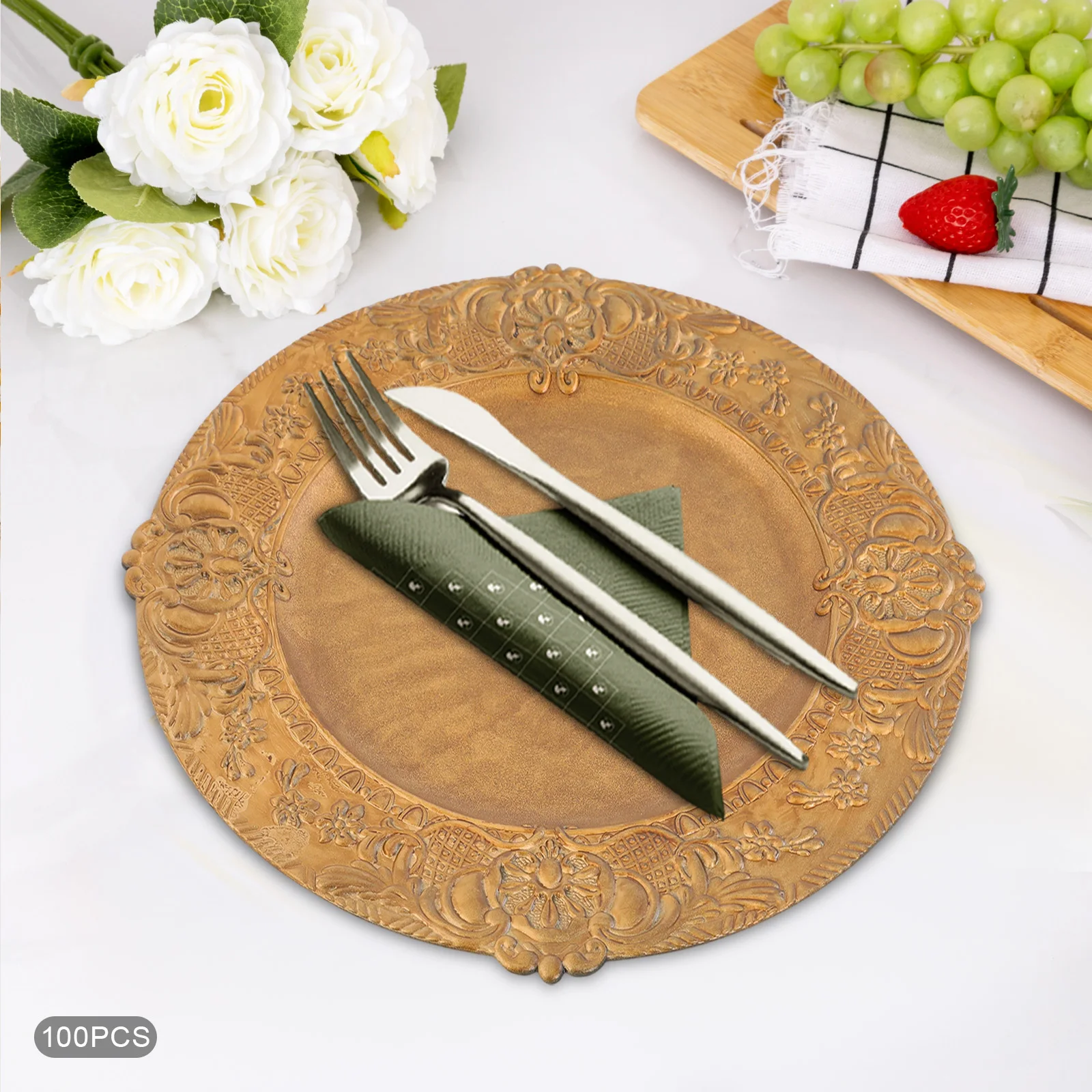 

100pcs Gold Plastic 33cm Western Food Dish Single-sided Painted Decorative Plate European Retro Dessert Plate