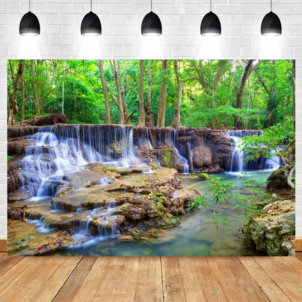 Blue Lake and Waterfall Backdrop for Photography Mountain Forest Great Falls Scenery Flowers Spring Background Photo Studio Prop